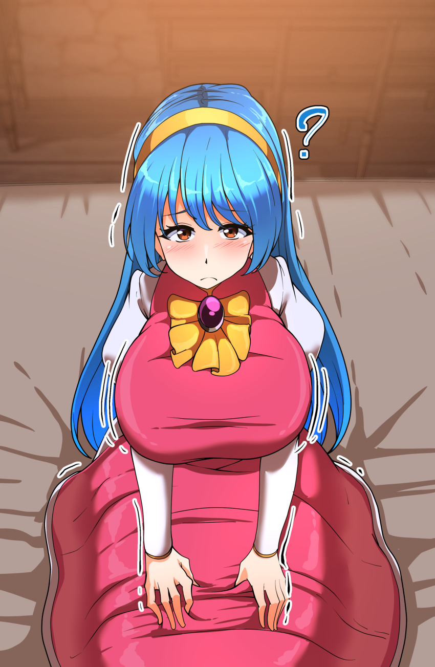 1girl, ?, absurdres, blue_hair, breasts, brown_eyes, buuta_(densya101), dress, estpolis_denki, estpolis_denki_ii, gem, hairband, highres, huge_breasts, jewelry, large_breasts, long_hair, looking_at_viewer, necklace, non-web_source, pendant, pink_dress, pov, puffy_sleeves, seiza, sitting, solo, tia_(estpolis), trembling, worried, yellow_hairband