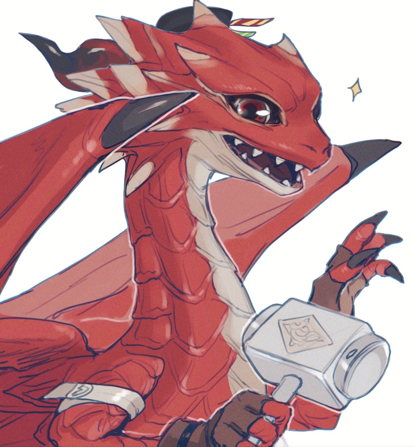 7nite, armband, claws, dragon, ehll_tou, final_fantasy, final_fantasy_xiv, fingerless_gloves, gloves, hammer, highres, holding, holding_hammer, horns, leather, leather_gloves, looking_at_viewer, no_humans, open_mouth, portrait, red_eyes, scales, sharp_teeth, simple_background, sparkle, teeth, white_armband, white_background, wings