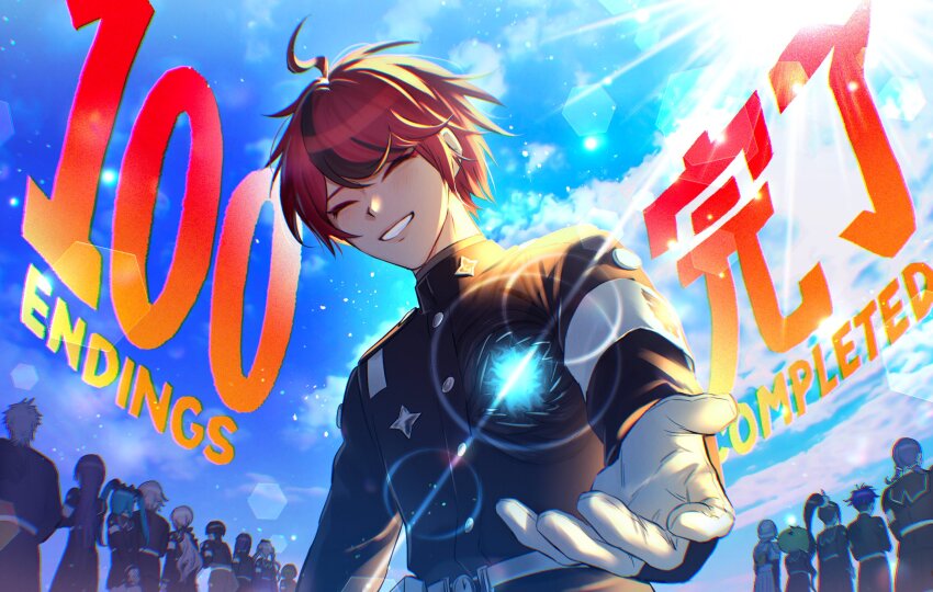 6+boys, 6+girls, ahoge, amemiya_darumi, aotsuki_eito, armband, arms_behind_back, belt