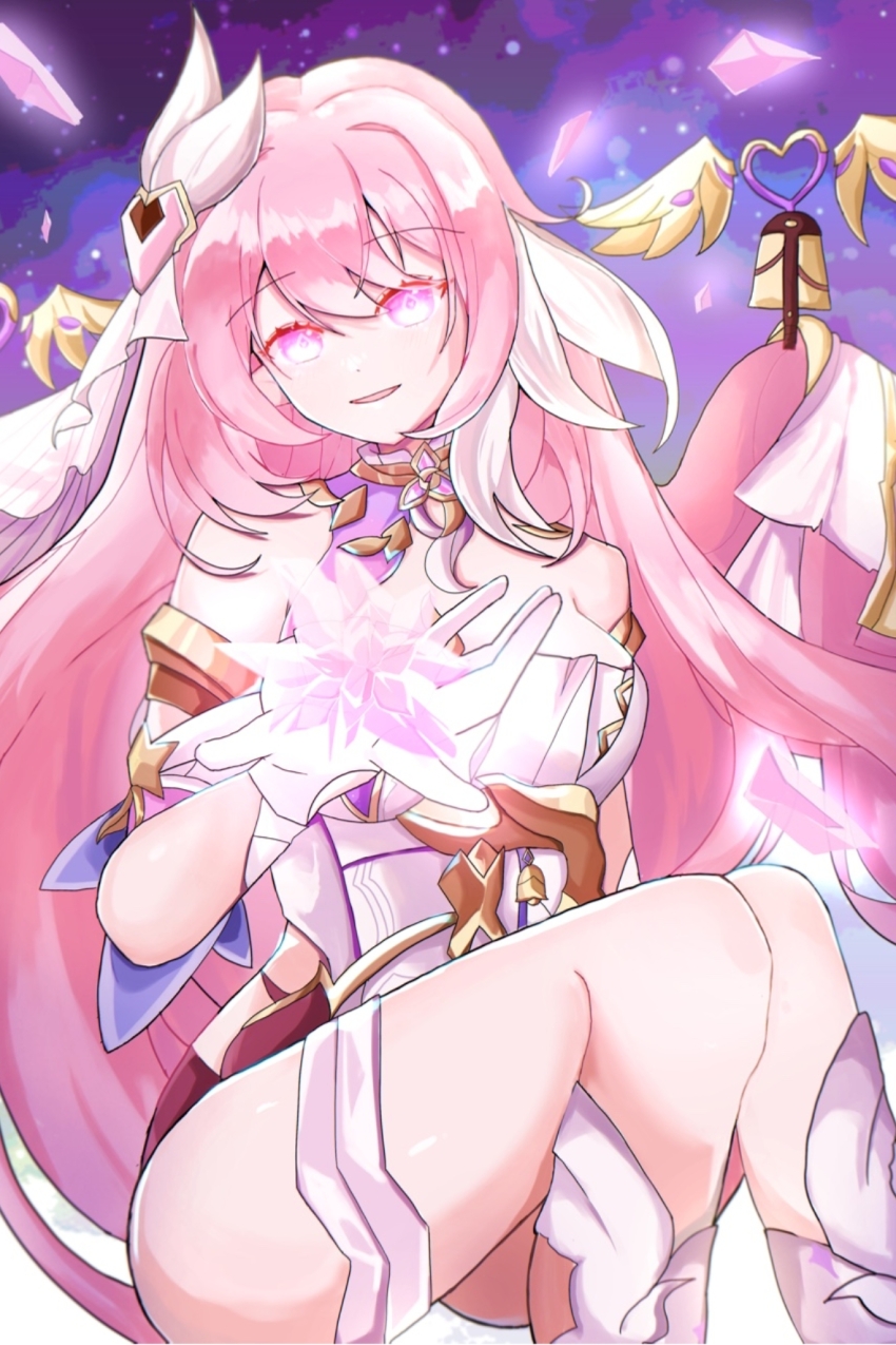 1girl, bell, black_shorts, breasts, commentary_request, corset, crystal_flower, crystal_shards