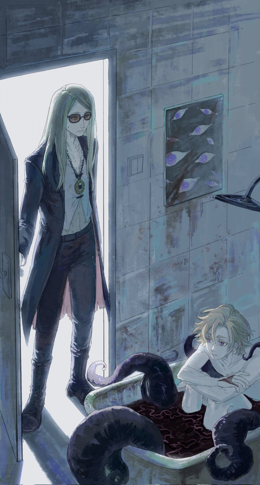 2boys, bathtub, black_coat, black_pants, blonde_hair, chinese_commentary, coat, commentary_request, daybit_sem_void, fate/grand_order, fate_(series), frown, highres, jewelry, long_hair, male_focus, monster_771, multiple_boys, necklace, nude, pants, pendant, purple_eyes, sunglasses, tentacles, tezcatlipoca_(fate), tezcatlipoca_(first_ascension)_(fate)
