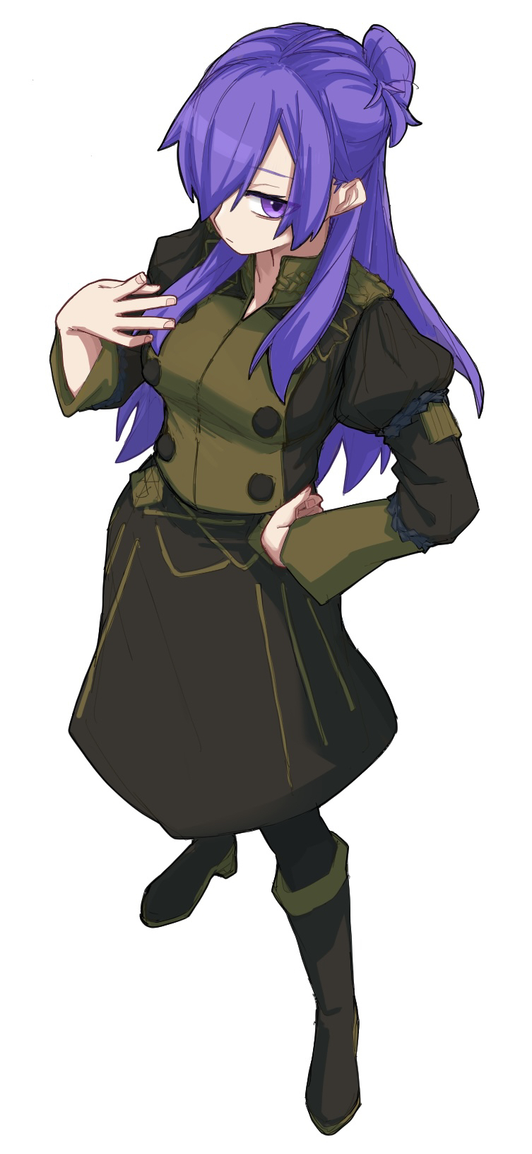 1girl, aaaakunaaaa, black_boots, black_pantyhose, black_skirt, boots, buttons, closed_mouth