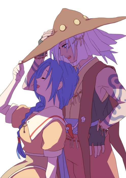 1boy, 1girl, adjusting_clothes, adjusting_headwear, bad_id, bad_pixiv_id, blue_hair, braid, couple, dress, closed_eyes, fingerless_gloves, gloves, hair_over_shoulder, hand_on_own_hip, hat, hetero, hip_focus, claus_f._lester, long_hair, milard_rune, pants, profile, tales_of_(series), tales_of_phantasia, tattoo, toufuno, white_hair