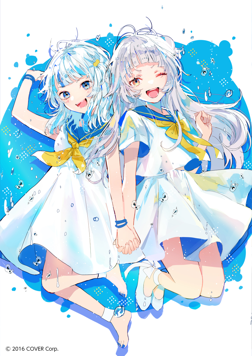 2girls, absurdres, aqua_hair, barefoot, blue_nails, dress, feet, gawr_gura