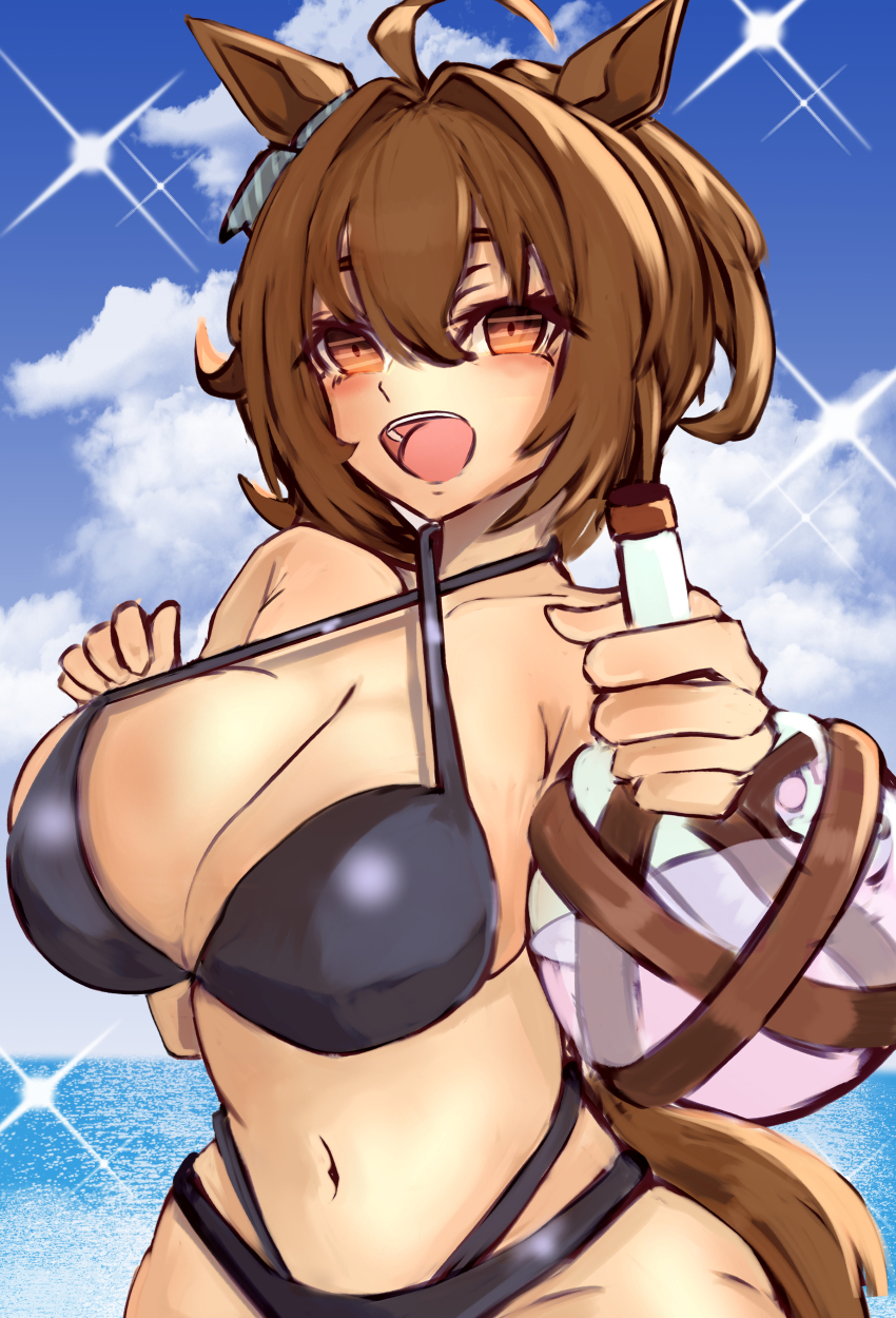 1girl, absurdres, agnes_tachyon_(lunatic_lab)_(umamusume), agnes_tachyon_(umamusume), ahoge, animal_ears, bikini, black_bikini, blue_sky, breasts, brown_hair, cloud, cloudy_sky, commentary_request, criss-cross_halter, day, ear_ornament, halterneck, highres, holding, holding_test_tube, horse_ears, horse_girl, horse_tail, iko_(saikoro_k0702), large_breasts, navel, no_jacket, ocean, official_alternate_costume, official_alternate_hairstyle, open_mouth, outdoors, red_eyes, sky, smile, solo, stomach, swimsuit, tail, teeth, test_tube, umamusume, upper_teeth_only, water