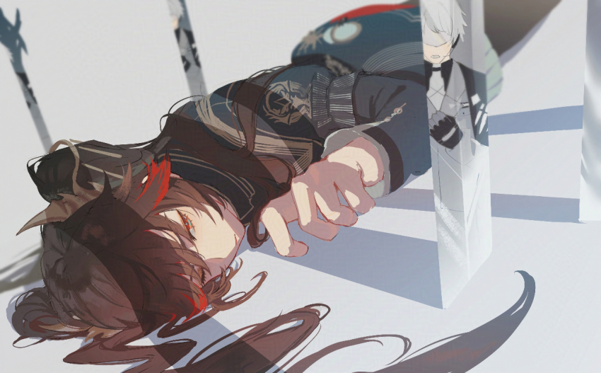 1boy, 1girl, alternate_costume, black_hair, commandant_(pgr), long_hair, lucia:_pyroath_(pgr), lucia:_pyroath_(prestigious_accolade)_(pgr)