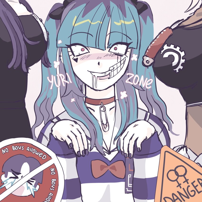 1boy, 3girls, amemiya_darumi, black_hair, black_nails, blue_hair, breasts, collar