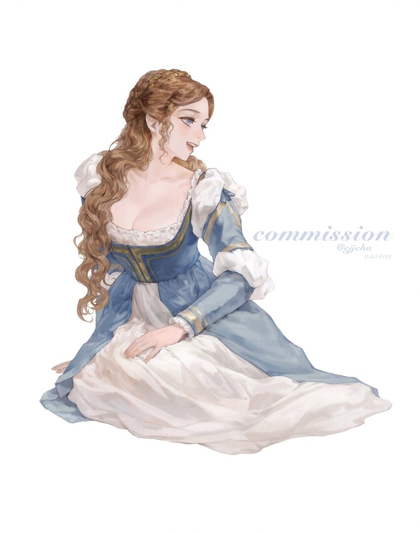 1girl, blue_dress, blue_eyes, blush, braid, breasts, brown_hair, cjjcha