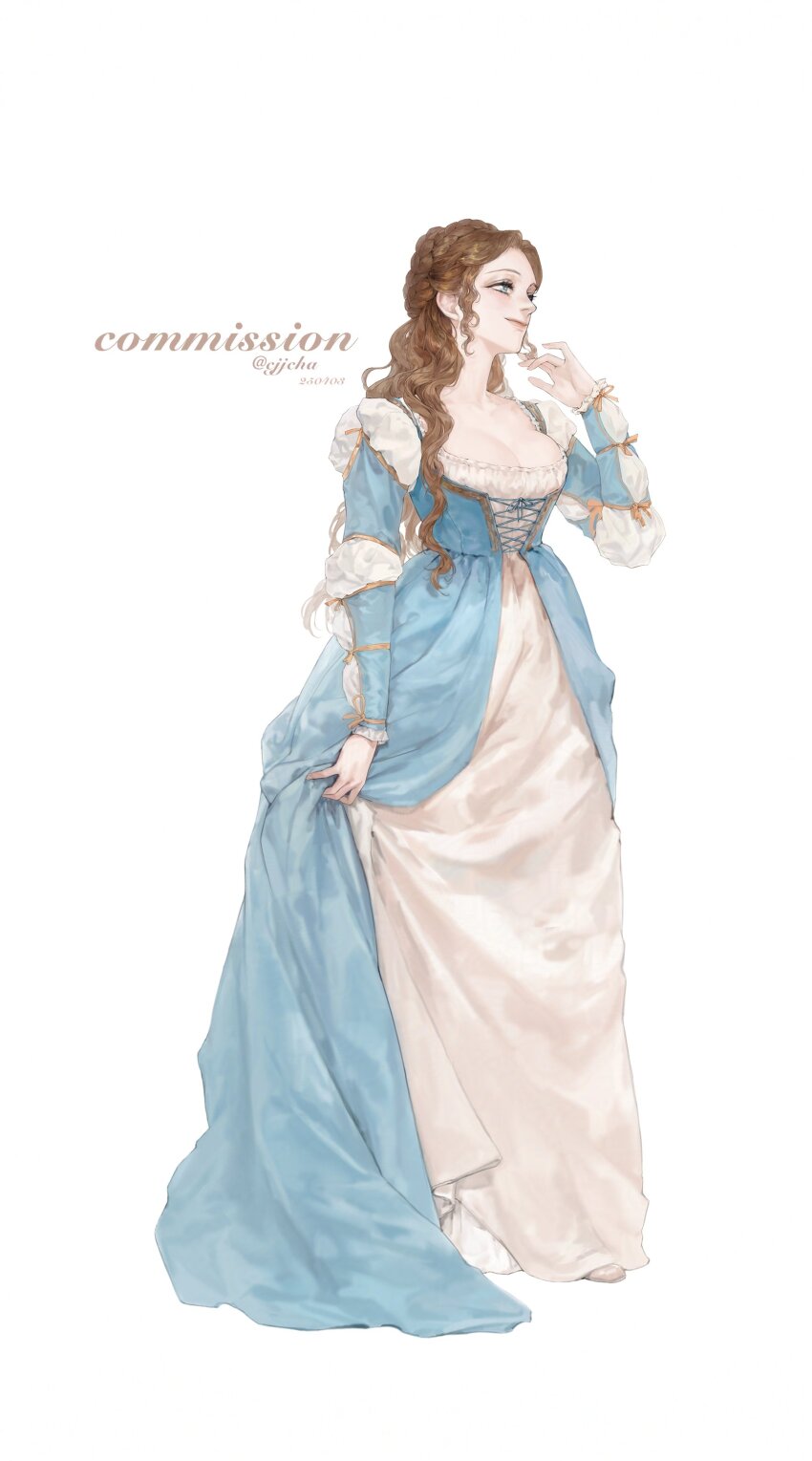 1girl, absurdres, blue_corset, blue_dress, blue_eyes, blue_ribbon, braid, breasts