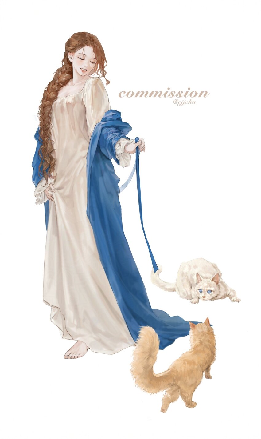 1girl, absurdres, animal, barefoot, blue_eyes, blue_robe, braid, braided_ponytail