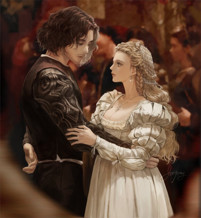 1boy, 1girl, arm_behind_back, beard_stubble, black_pants, black_shirt, black_vest, blonde_hair