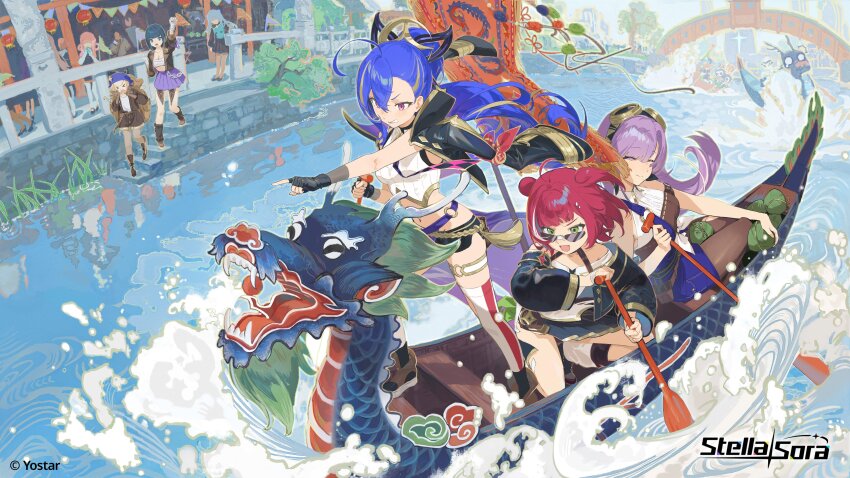 6+girls, :d, ^_^, absurdres, ashwind_clan_(stella_sora), black_gloves, black_shorts, blonde_hair, blue_hair, blue_overalls, blue_shorts, blue_skirt, boat, breasts, brown_pantyhose, character_request, chest_sarashi, closed_eyes, closed_mouth, commentary, commentary_request, copyright_name, copyright_notice, crop_top, cropped_shirt, dragon_boat, english_commentary, fang, fingerless_gloves, full_body, gloves, goggles, goggles_on_head, green_eyes, grin, highres, holding, holding_oar, long_hair, looking_ahead, medium_breasts, micro_shorts, midriff, miniskirt, minova_(stella_sora), mixed-language_commentary, mole, mole_under_mouth, multi-source_commentary, multicolored_hair, multiple_girls, navel, neuvira_(stella_sora), oar, official_art, open_mouth, outdoors, overall_shorts, overalls, pantyhose, pleated_skirt, pointing, purple_hair, purple_skirt, racing, red_hair, red_thighhighs, river, rowing, sarashi, shirt, short_hair, shorts, skirt, sleeveless, sleeveless_shirt, smile, stella_sora, streaked_hair, striped_clothes, striped_thighhighs, sunglasses, thighhighs, two_side_up, v-shaped_eyebrows, vertical-striped_clothes, vertical-striped_thighhighs, very_long_hair, vollara_(stella_sora), watercraft, white_hair, white_thighhighs