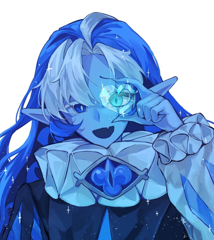 1boy, asymmetrical_eyelashes, blue_eyes, blue_skin, brooch, colored_skin, cookie_run, cookie_run:_kingdom, eye_brooch, gem, hat, heart-shaped_gem, highres, holding, humanization, hyuni7777, jewelry, long_hair, long_sleeves, looking_at_viewer, male_focus, neck_ruff, puffy_long_sleeves, puffy_sleeves, shadow_milk_cookie, simple_background, smile, solo, white_hair