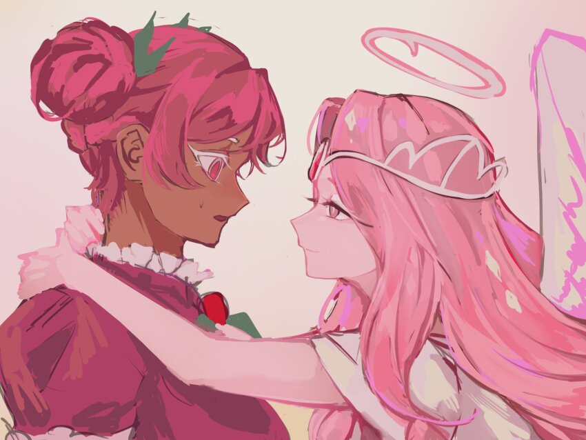 2girls, angel, angel_wings, colored_eyelashes, colored_skin, cookie_run, cookie_run:_kingdom, dark_skin, double_bun, dress, eternal_sugar_cookie, eyes_on_wings, gloves, hair_bun, highres, hollyberry_cookie, humanization, hyuni7777, instrument, long_hair, looking_at_another, lyre, multiple_girls, pink_eyes, pink_hair, pink_skin, puffy_sleeves, short_sleeves, very_long_hair, white_dress, white_eyelashes, wings