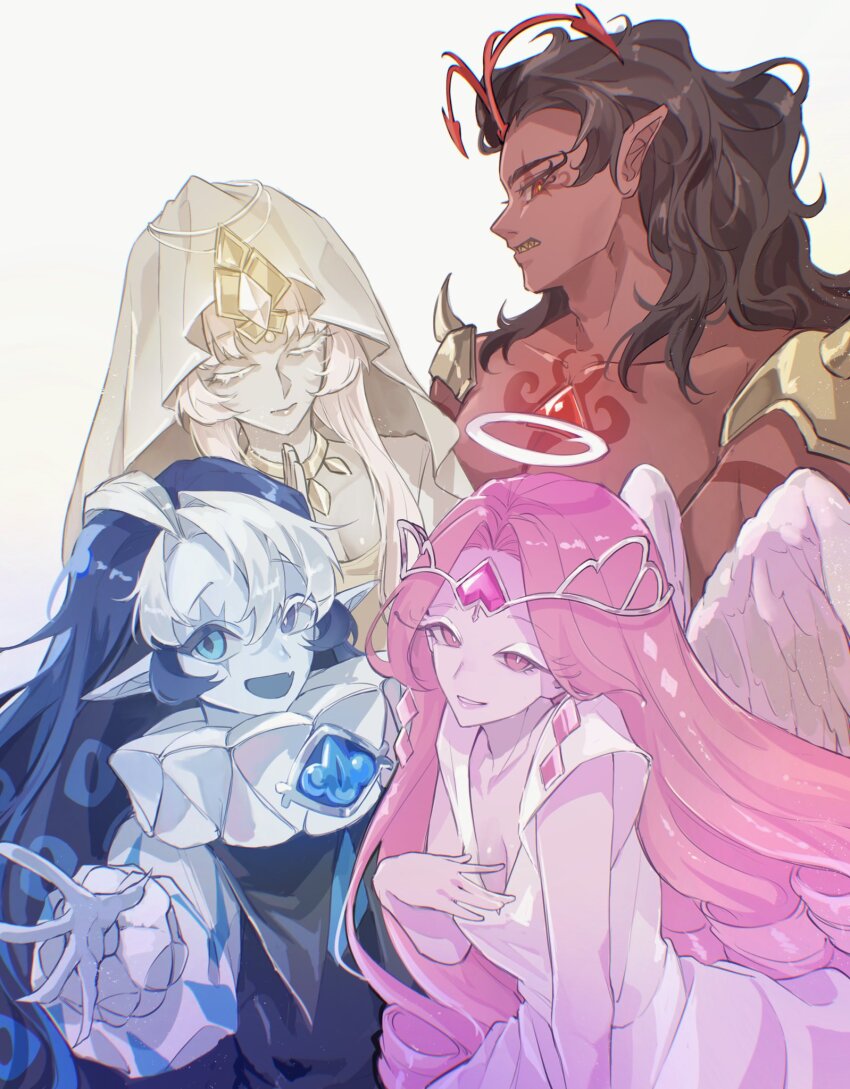 2boys, 2girls, angel, angel_wings, animification, black_hair, blue_skin, burning_spice_cookie