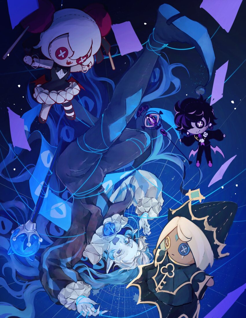 1girl, 3boys, black_sapphire_cookie, blue_eyes, blue_hat, blue_skin, brooch, candy_apple_cookie