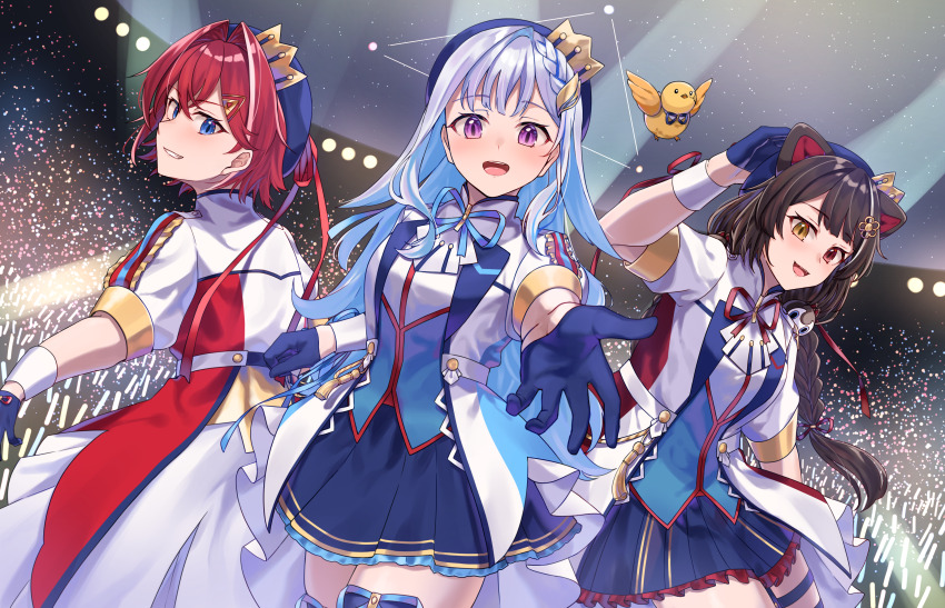 3girls, :d, absurdres, ange_katrina, animal_ears, animal_hair_ornament, arm_up, beret