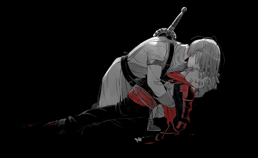 2boys, armlet, belt, black_background, blood, blood_from_mouth, camus_(dq11), closed_eyes