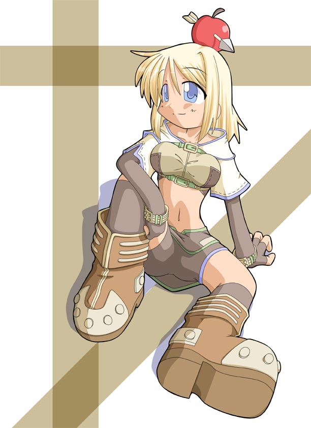 1girl, 2000s_(style), apple_on_head, arrow_through_apple, bad_id, blonde_hair, blue_eyes, boots