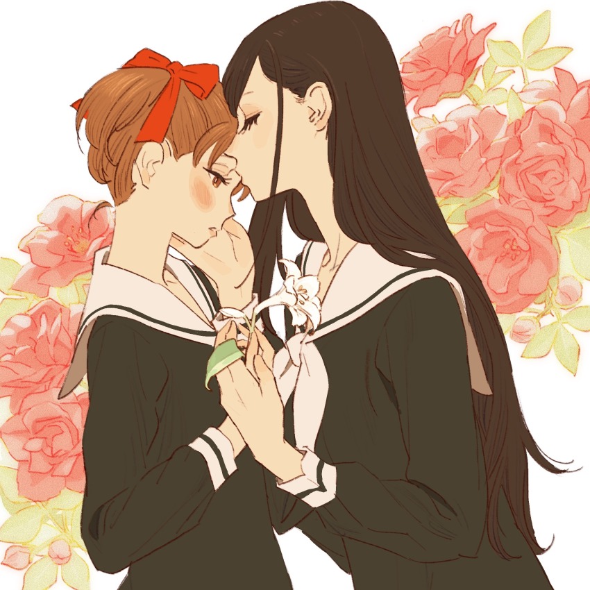 2girls, 55bata6rou, black_hair, black_shirt, blush, brown_eyes, brown_hair, closed_eyes