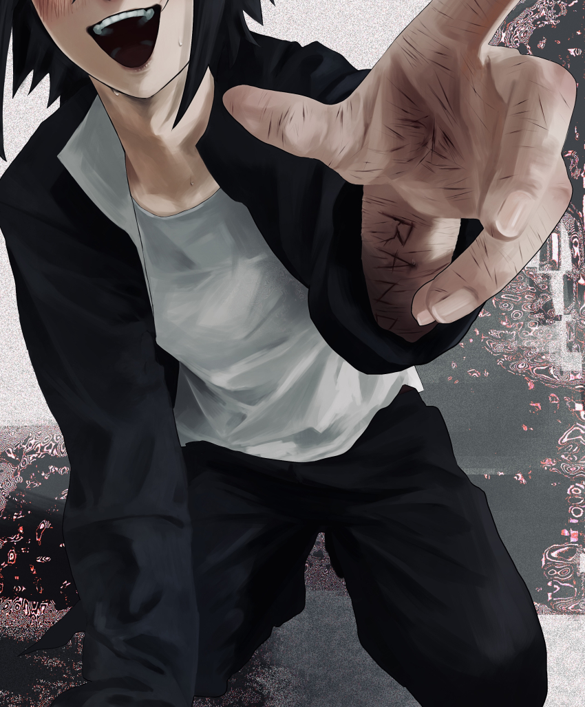 1boy, absurdres, black_hair, blca2s01111, cuts, eyes_out_of_frame, gakuran, head_out_of_frame, highres, injury, jacket, kneeling, male_focus, open_clothes, open_jacket, open_mouth, pov, randal's_friends, reaching, reaching_towards_viewer, scar, school_uniform, self-harm, self-harm_scar, shirt, short_hair, solo, sweat, tsukada_satoru, white_shirt