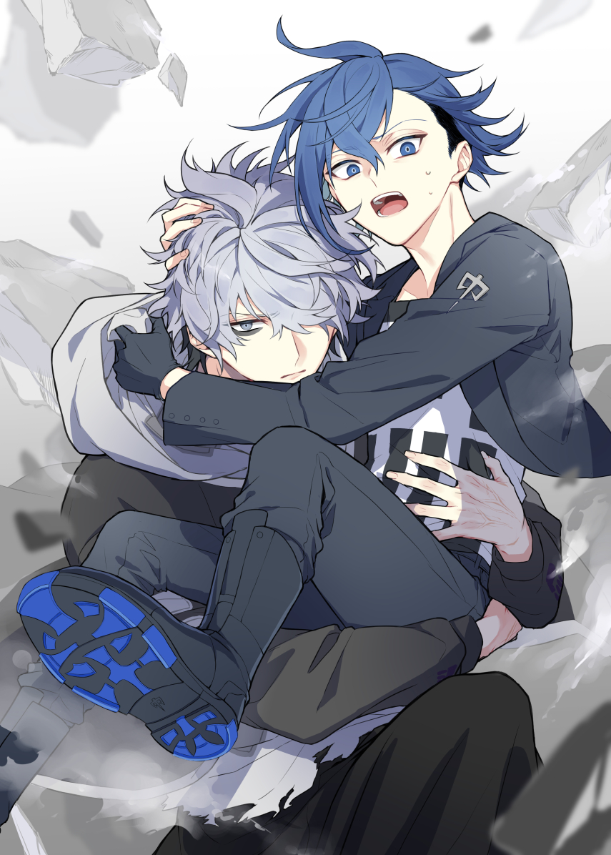 2boys, aoyama_kazuki, bags_under_eyes, black_boots, black_gloves, black_jacket, black_pants, blue_eyes