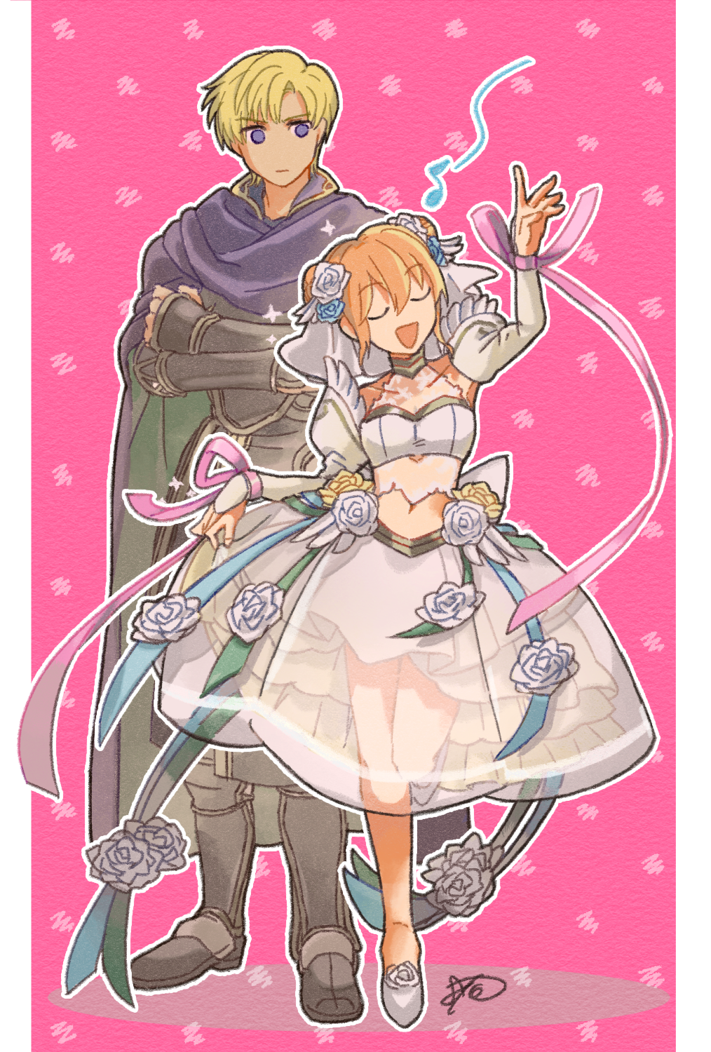 1boy, 1girl, arm_up, batoson54, black_boots, blonde_hair, boots, border