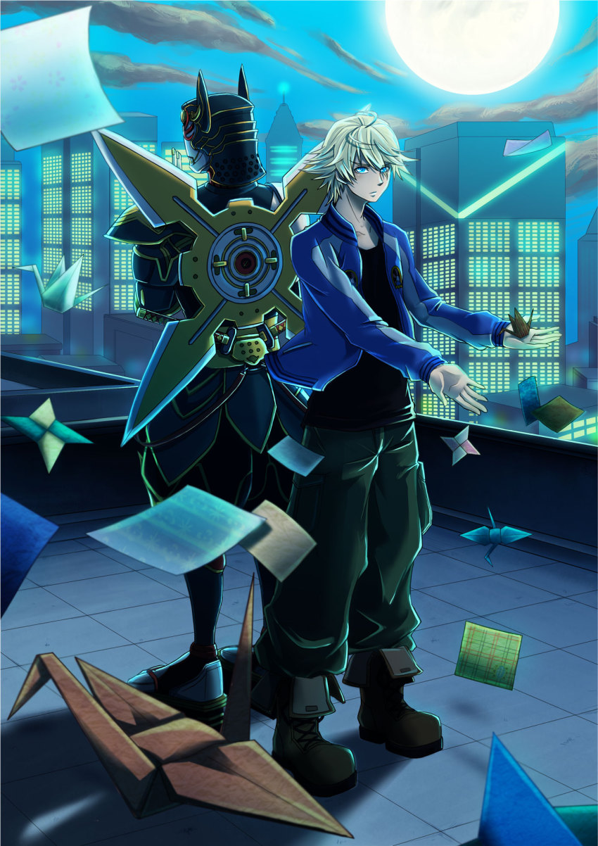 10s, 2boys, back-to-back, blonde_hair, dual_persona, full_moon, helmet, highres