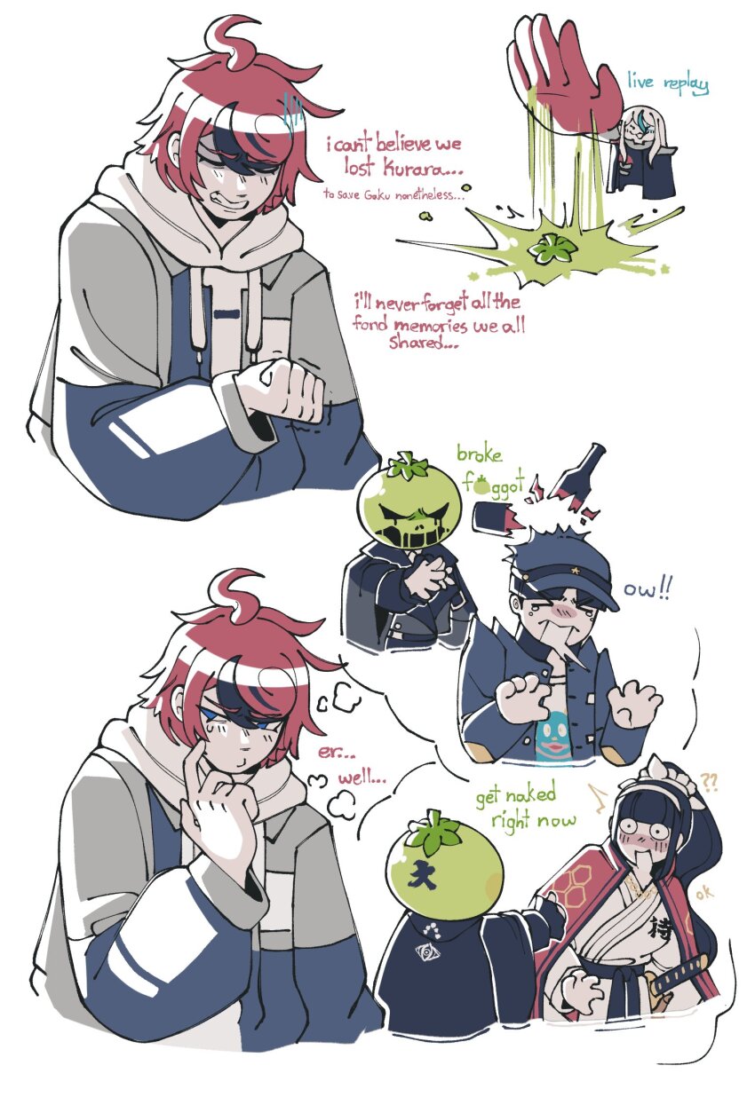 2boys, 3girls, ahoge, black_hair, blue_eyes, blue_hair, blush, closed_eyes