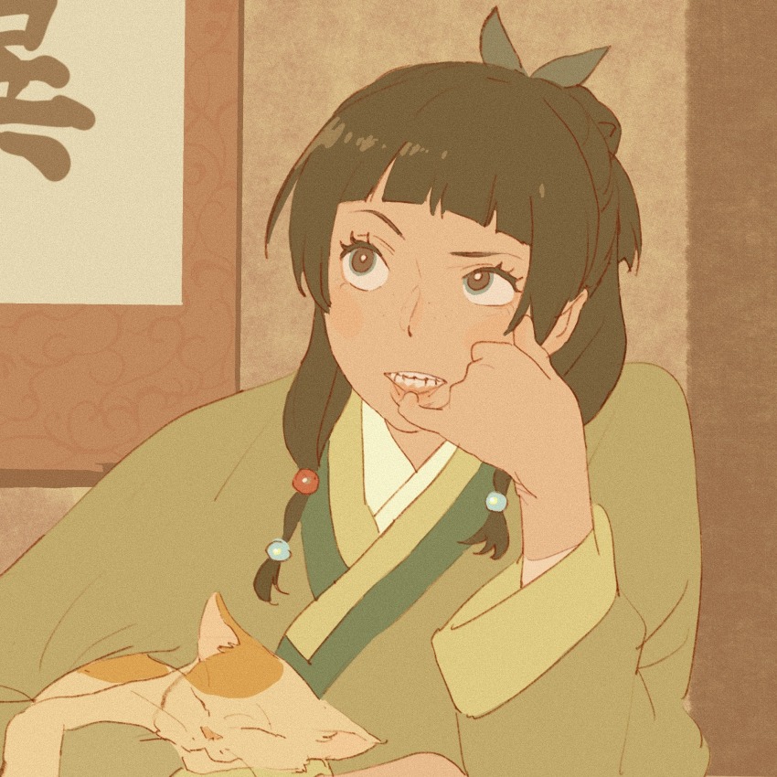 1girl, 55bata6rou, animal, beads, blunt_bangs, cat, chinese_clothes, finger_to_mouth