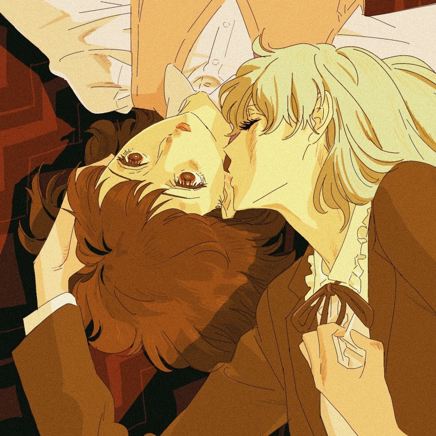 2girls, 55bata6rou, asaka_rei, blonde_hair, brown_hair, brown_jacket, closed_eyes, collared_shirt