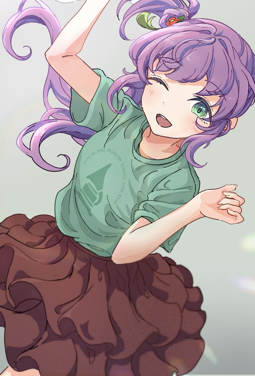 1girl, ;d, absurdres, brown_skirt, character_logo, collarbone, commentary_request, cowboy_shot