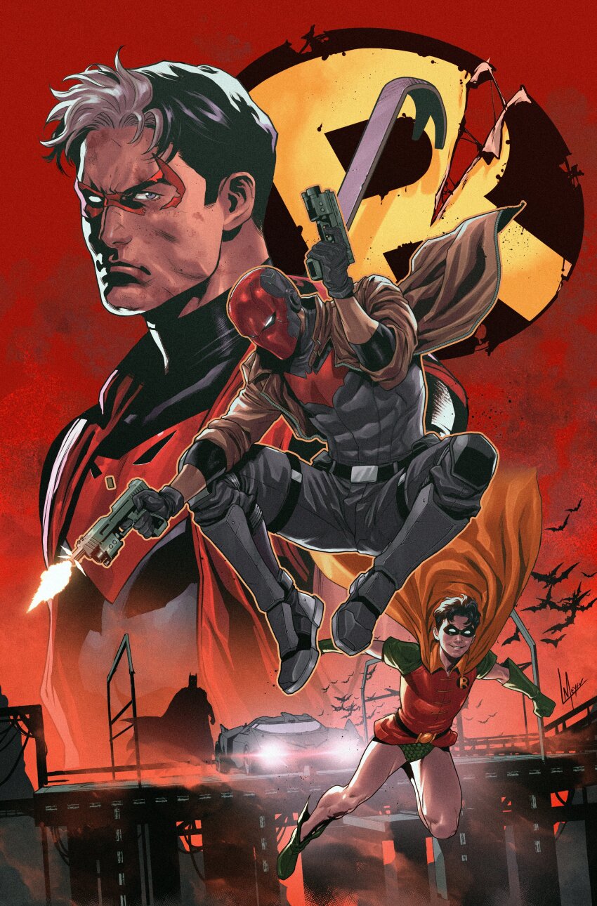 absurdres, batman, batman_(series), batman_symbol, batmobile, black_bodysuit, black_gloves, black_hair