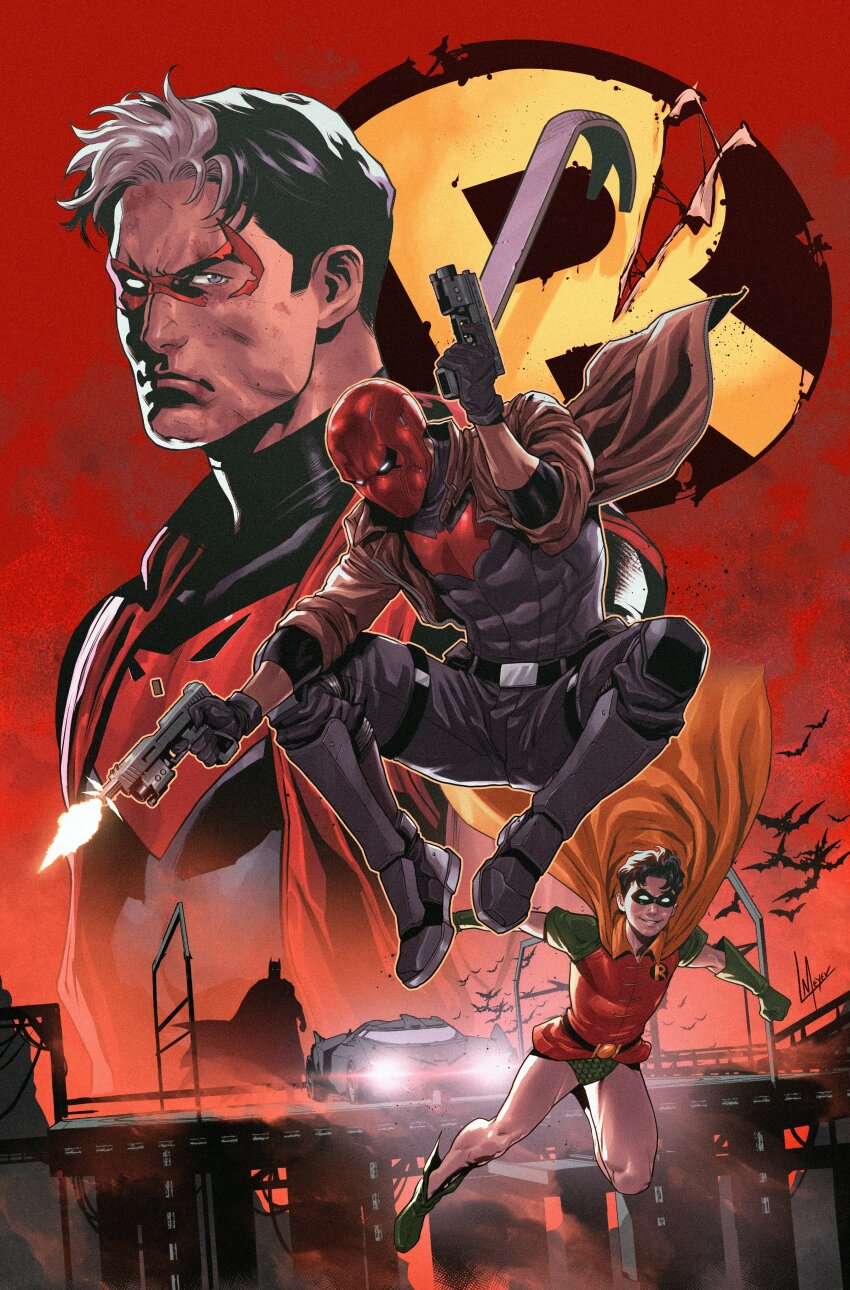 absurdres, batman, batman_(series), batman_symbol, batmobile, black_bodysuit, black_gloves, black_hair