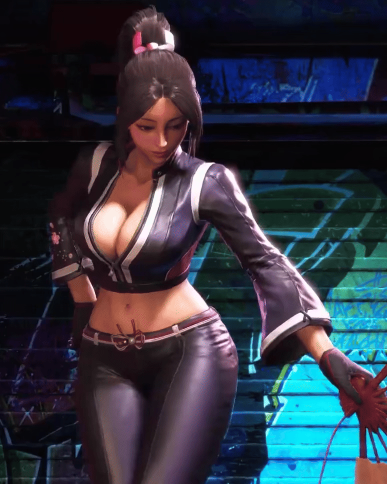 1girl, 3d, animated, animated_gif, ass, bad_id, bad_reddit_id, black_jacket, black_pants, breasts, brown_eyes, brown_hair, cherry_blossom_print, cleavage, cropped_jacket, fatal_fury, fatal_fury:_city_of_the_wolves, female_focus, floral_print, folding_fan, game_screenshot, hand_fan, hand_on_own_hip, holding, holding_fan, jacket, large_breasts, leather, leather_jacket, leather_pants, long_hair, matching_hair/eyes, midriff, multiple_views, navel, pants, ponytail, puckered_lips, shiranui_mai, sideboob, snk, solo, street_fighter, street_fighter_6, toned, turnaround, video_game_screencap