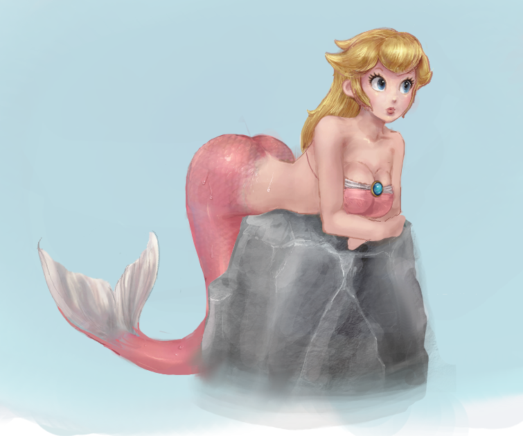 1girl, bent_over, bikini, bikini_top_only, blonde_hair, blue_eyes, breasts, cleavage, female_focus, full_body, long_hair, mario_(series), mermaid, monster_girl, nintendo, okiara, princess_peach, rock, solo, super_mario_bros._1, swimsuit, tail