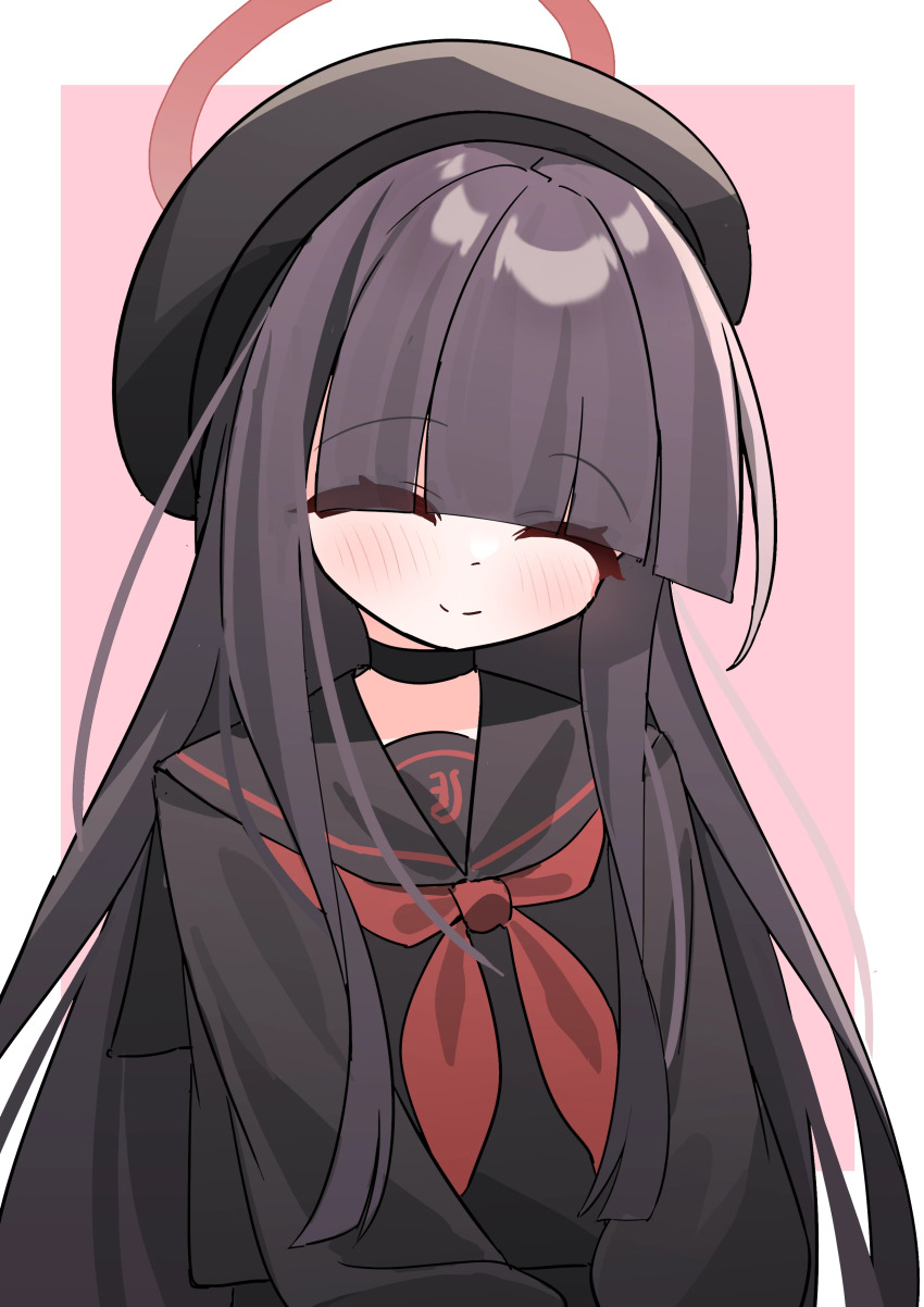 1girl, ^_^, absurdres, beret, black_choker, black_hair, black_hat, black_sailor_collar