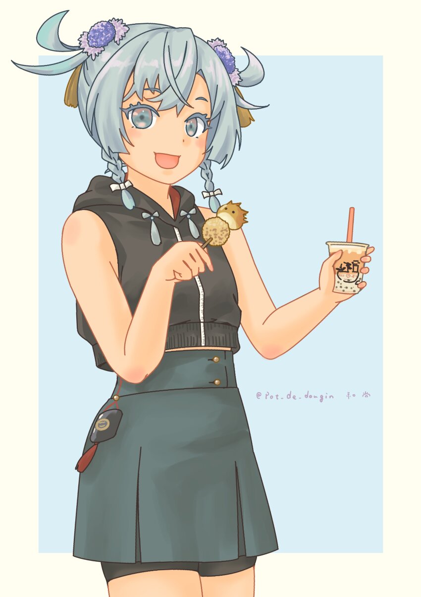 1girl, :3, absurdres, bike_shorts, bike_shorts_under_skirt, black_shirt, blue_eyes, cowboy_shot