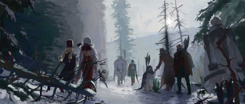 4boys, 4girls, absurdres, backless_dress, backless_outfit, black_coat, black_hair, black_pants, blonde_hair, boots, character_request, coat, coat_on_shoulders, code_vein, dress, eva_roux, from_behind, full_body, fur_hat, hair_between_eyes, hat, highres, holding, holding_polearm, holding_weapon, io_(code_vein), jack_rutherford, long_hair, long_sleeves, louis_(code_vein), mia_karnstein, multiple_boys, multiple_girls, nagaoka_kihei, outdoors, pants, papakha, pine_tree, polearm, red_boots, red_coat, red_dress, snow, tree, weapon, white_coat, white_dress, white_hair, winter, yakumo_(code_vein)