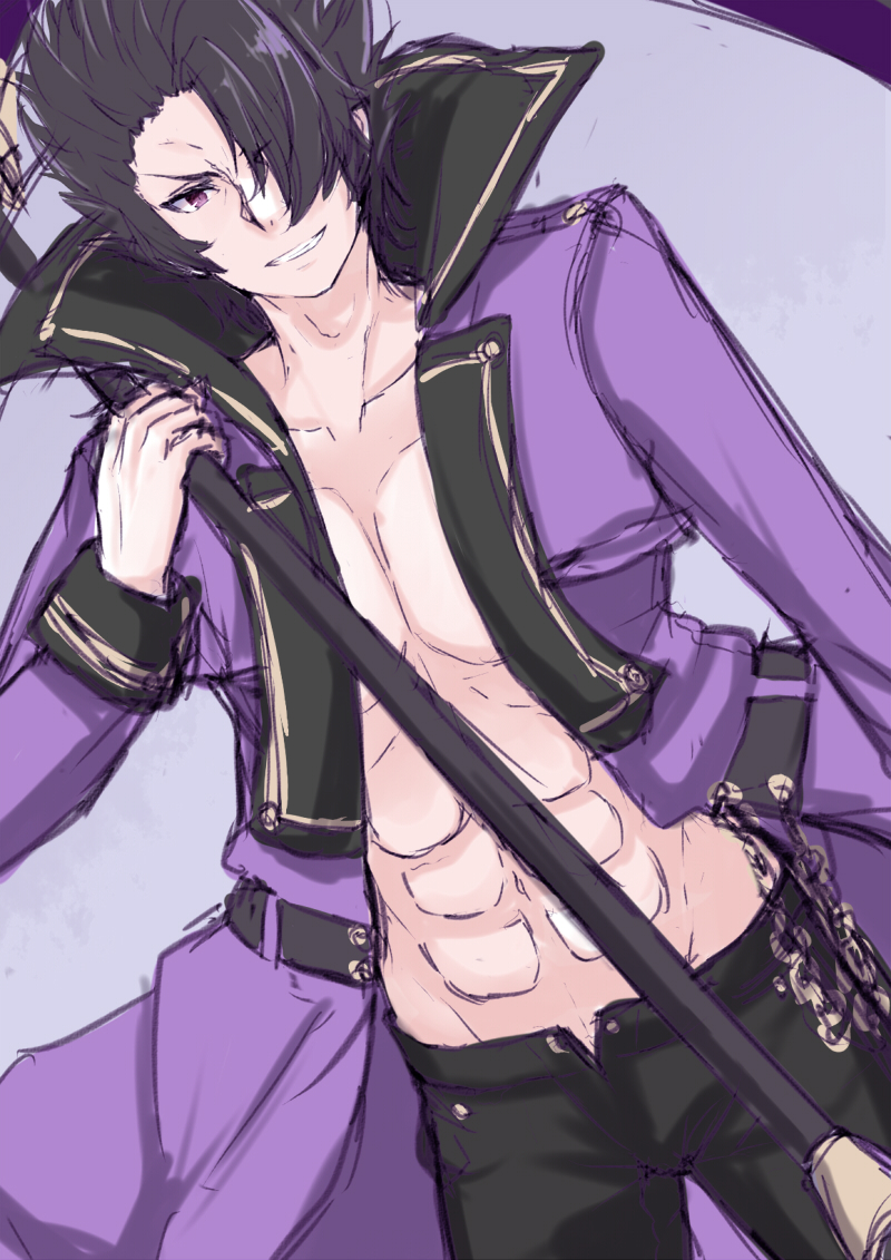 1boy, 22806, abs, chain, coat, gordeau_(under_night_in-birth), hair_over_one_eye, holding