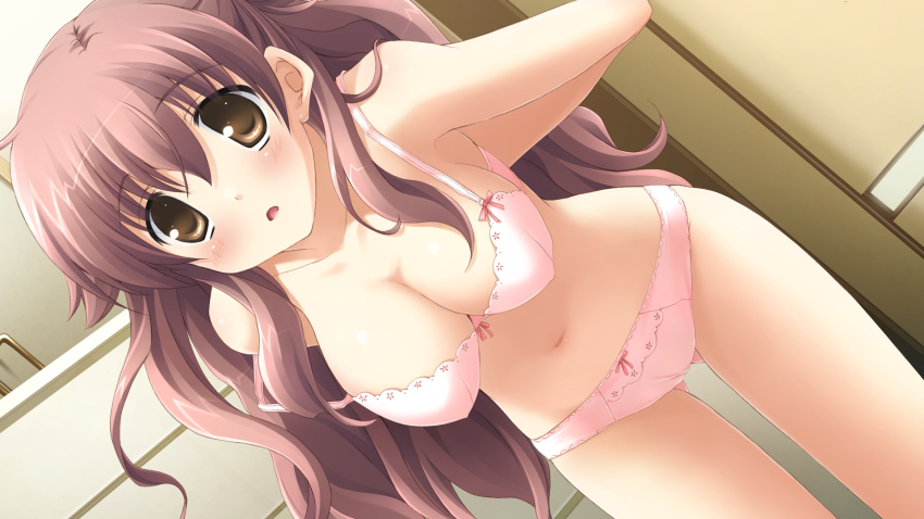 1girl, bow, bow_bra, bow_panties, bra, breasts, brown_eyes, brown_hair