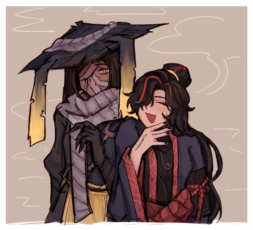 2girls, bandage_over_one_eye, black_hair, black_nails, brown_background, brown_hair, closed_eyes, commentary, conical_hat, english_commentary, hair_bun, hair_over_one_eye, hand_up, height_difference, highres, krauuu003, limbus_company, long_hair, long_sleeves, multicolored_hair, multiple_girls, open_mouth, project_moon, scarf, simple_background, single_hair_bun, smile, streaked_hair, wide_sleeves, yellow_eyes, zigong_(project_moon), zilu_(project_moon)