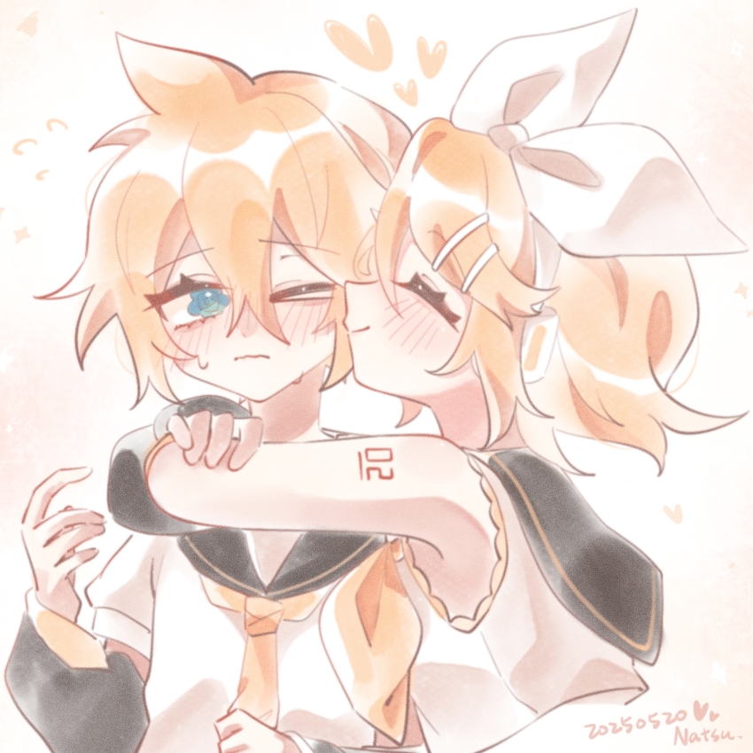 1boy, 1girl, artist_name, bare_shoulders, black_sailor_collar, black_sleeves, blonde_hair, blue_eyes, blush, bow, bow_hairband, closed_eyes, dated, detached_sleeves, embarrassed, flying_sweatdrops, hair_ornament, hairband, hairclip, heart, hetero, highres, hug, kagamine_len, kagamine_rin, muted_color, natsu29380387, one_eye_closed, parallel_hairclips, sailor_collar, shirt, short_hair, shoulder_tattoo, simple_background, tattoo, vocaloid, white_bow, white_shirt, yellow_theme
