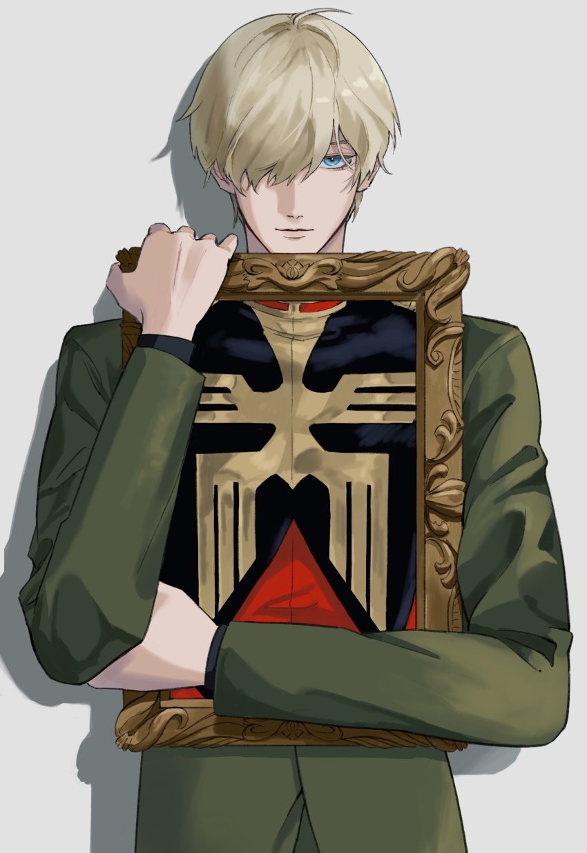 1boy, basic_learning, blonde_hair, blue_eyes, char_aznable, empty_picture_frame, formal_clothes, green_pants