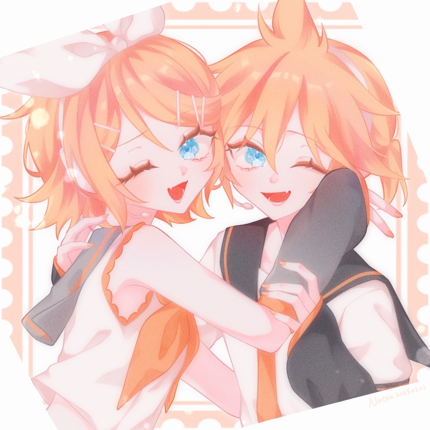 1boy, 1girl, :d, bare_shoulders, black_sailor_collar, black_sleeves, blonde_hair, blue_eyes, border, bow, bow_hairband, detached_sleeves, grabbing_another's_arm, hair_ornament, hairband, hairclip, hand_on_another's_back, hand_on_another's_face, headset, highres, kagamine_len, kagamine_rin, muted_color, natsu29380387, necktie, one_eye_closed, open_mouth, ornate_border, pale_skin, parallel_hairclips, sailor_collar, short_hair, smile, swept_bangs, vocaloid, white_bow, yellow_necktie