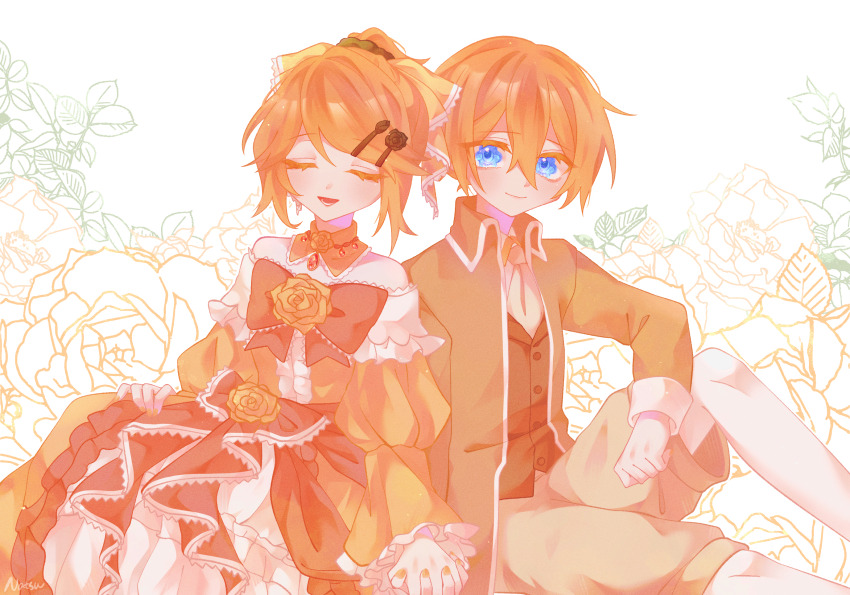 1girl, aku_no_meshitsukai_(vocaloid), aku_no_musume_(series), aku_no_musume_(vocaloid), allen_avadonia, bare_shoulders, black_vest, blonde_hair, blue_eyes, bow, closed_eyes, collared_coat, dress, dress_bow, floral_background, flower_ornament, frilled_dress, frills, gown, hair_bow, hair_ornament, hairclip, highres, holding_hands, kagamine_len, kagamine_rin, layered_dress, leaning_on_person, looking_at_another, muted_color, natsu29380387, puffy_sleeves, riliane_lucifen_d'autriche, short_hair, shorts, sitting, sleeping, sleeves_rolled_up, smile, strapless, strapless_dress, vest, vocaloid, yellow_theme
