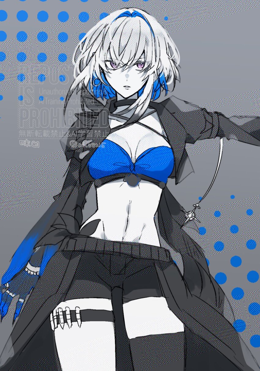 1girl, bikini, bikini_top_only, black_choker, black_jacket, black_shorts, black_thighhighs, blue_bikini