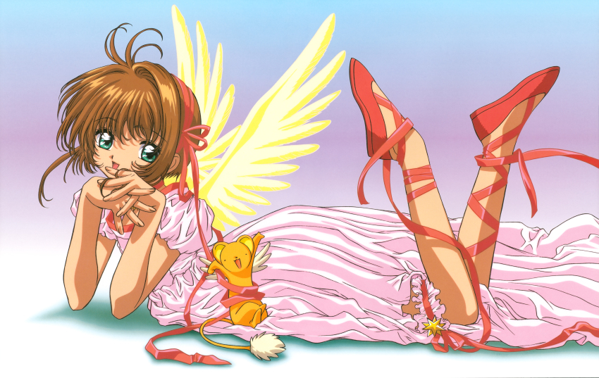 1girl, abe_hisashi, absurdres, ballet_slippers, cardcaptor_sakura, dress, feathered_wings, green_eyes, hair_ornament, highres, kerberos, kero_(cardcaptor_sakura), kinomoto_sakura, kinomoto_sakura_(princess_costume), legs_up, long_dress, looking_at_viewer, lying, madhouse, official_art, playing_with_own_hair, scan, wings, yellow_wings
