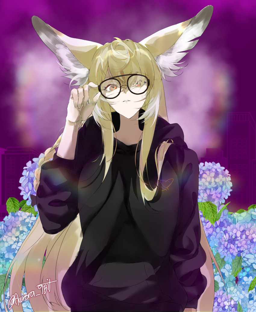 1girl, 9bit, absurdres, animal_ears, arknights, bespectacled, black_hoodie, blonde_hair