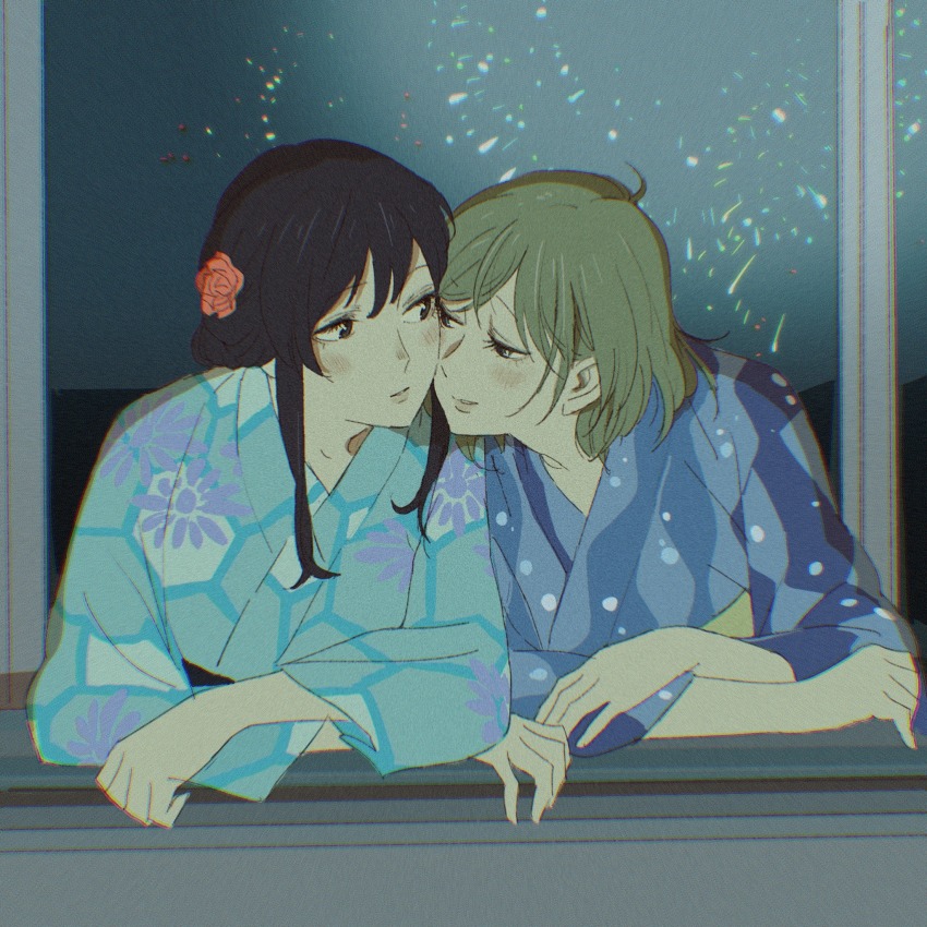 2girls, 55bata6rou, amayo_no_tsuki, balcony, black_hair, blue_kimono, brown_eyes, brown_hair